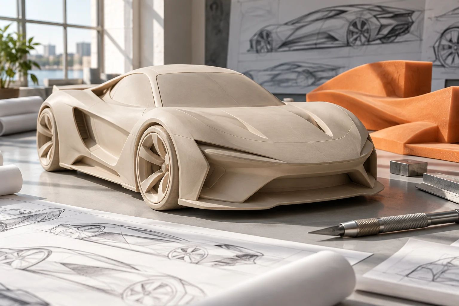Sculpturaal kleimodel van een sportwagen met oranje ontwerpdetails in een licht atelier